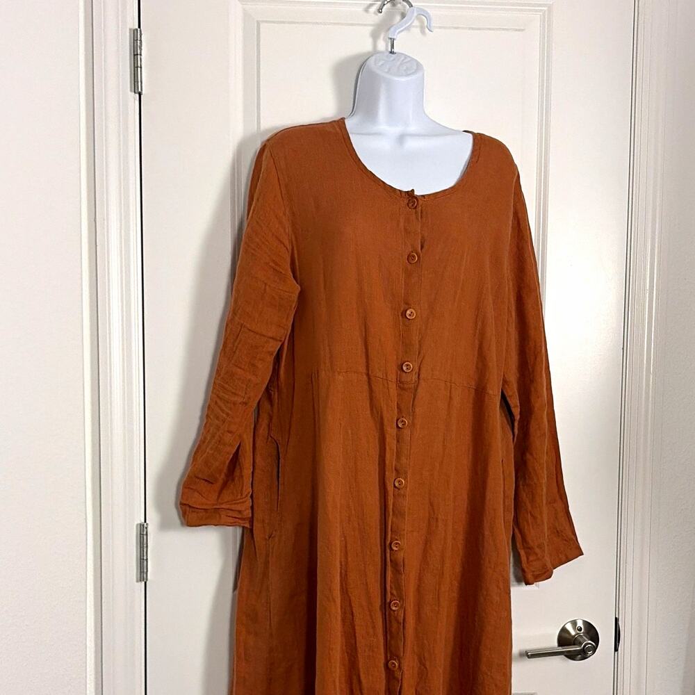 FLAX 100% Linen Rust Button Front Maxi Shirt Dress M Langenlook Boho